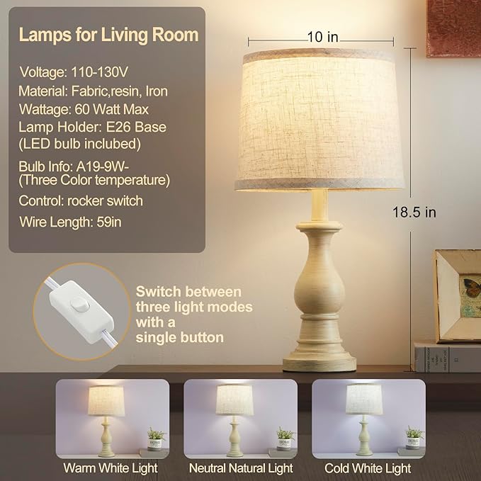 Vintage Table Lamp for Living Room Bedroom, 18.5" Farmhouse Bedside Lamps - Image 2