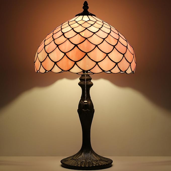 Tiffany Lamp Stained Glass Table Lamp 12” x 19” Pink Fish Scales Style - Image 2
