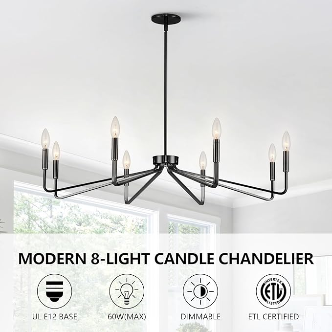 38" Black Chandeliers for Dining Room, 8-Light Modern Farmhouse Candle Style - Image 3