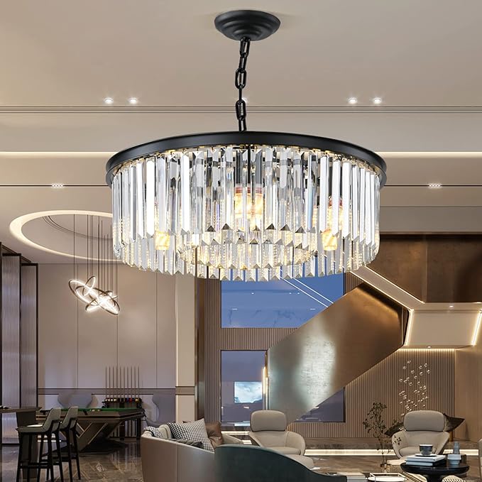 Black Modern Crystal Chandelier, 2-Tier Round Flush Mount Ceiling Light - Image 6
