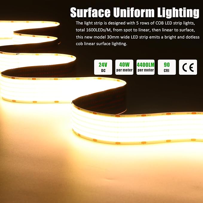 JOYLIT 30MM Wide COB LED Strip Lights 24V Warm White 3000K 16.4FT/5M 8000LEDs - Image 2