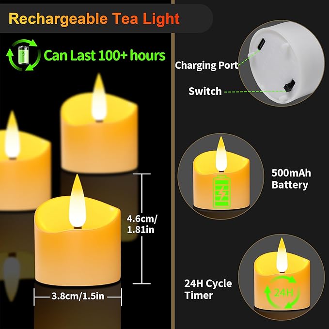 YiaMia Upgraded Rechargeable Tea Lights 12 Pack, Flameless Tea Light Candles - Image 2
