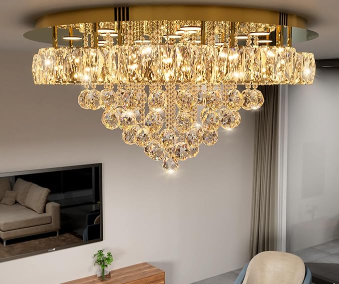W32in Crystal Ceiling Chandelier Modern Gold Chandeliers Raindrop Crystal - Image 6