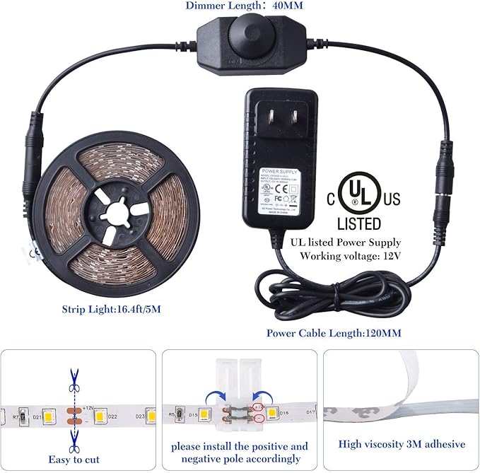 Warm LED Strip Lights, Waterproof cuttable 300 SMD 2835 LED Tape, 6000K 12V - Image 5
