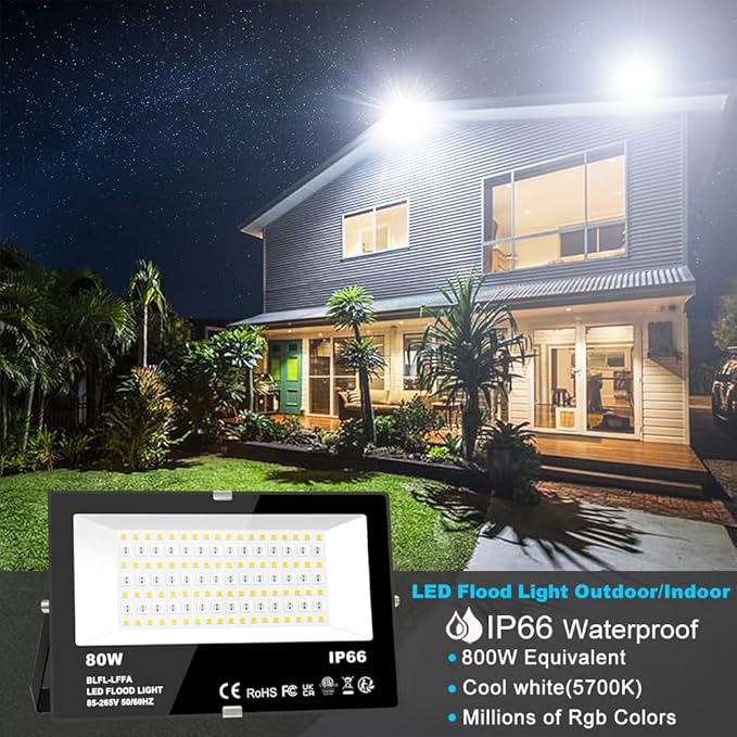 LED Flood Light Outdoor 800W Equivalent 8000LM Smart RGB Landscape Lighting - Image 2