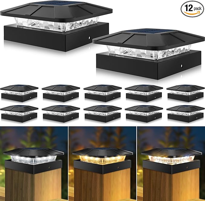 Peasur 4x4 Solar Post Cap Lights Outdoor 12 Packs, 3 Lighting Modes LED Post by Peasur