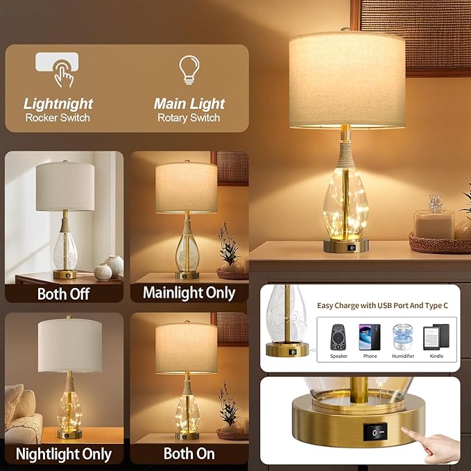 OYEARS 23" Table Lamps for Living Room Set of 2 Bedside Lamps for Night Stands - Image 3