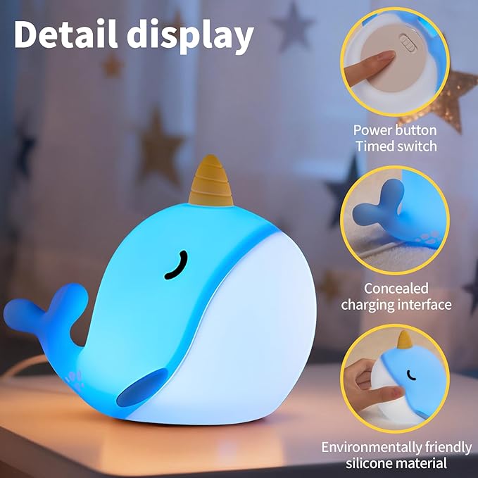 Cute Narwhal Night Light, Tap Control & Color Changing, USB Kids Bed Lamp - Image 7