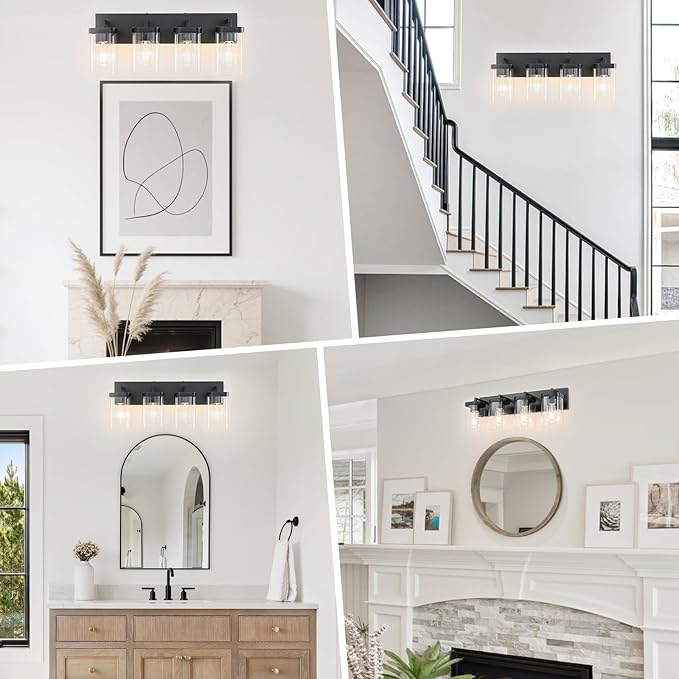 4-Light Bathroom Lighting Fixtures over Mirror, Matte Black Vanity Lights - Image 4