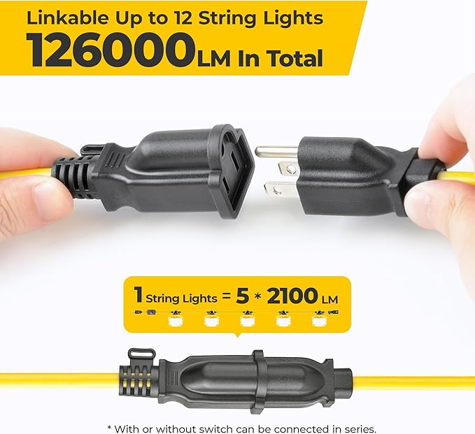 Outdoor Construction LED String Lights: 3 Prong 50FT 75w 10500lm ETL Certified - Image 4
