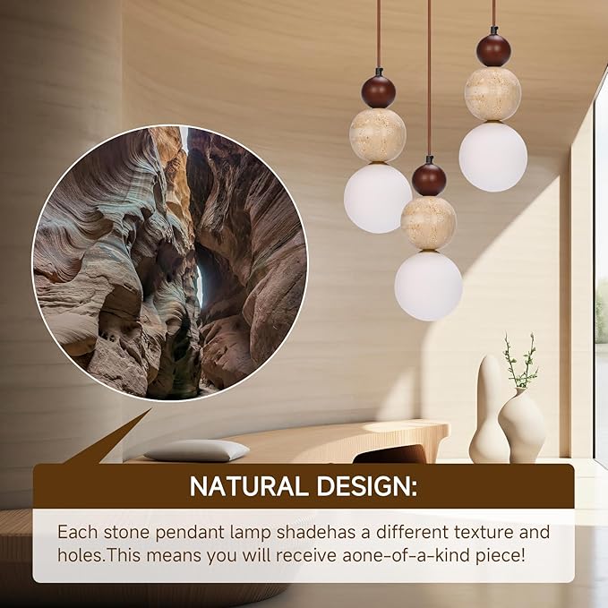 Wabi Sabi Pendant Light, 3-Light Travertine Stone Fixture-Japandi Japanese - Image 6
