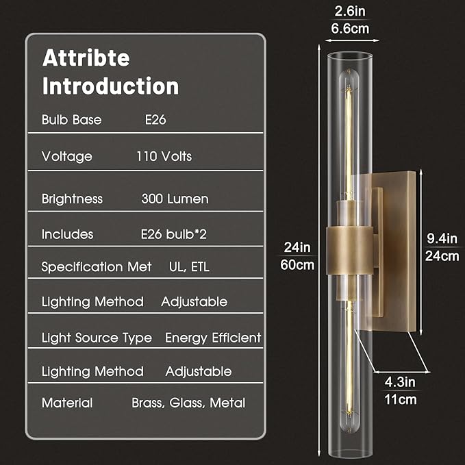 Brass Bathroom Vanity Wall Sconces, 2-Light Glass Tube Wall Sconces, 24 Inch - Image 2