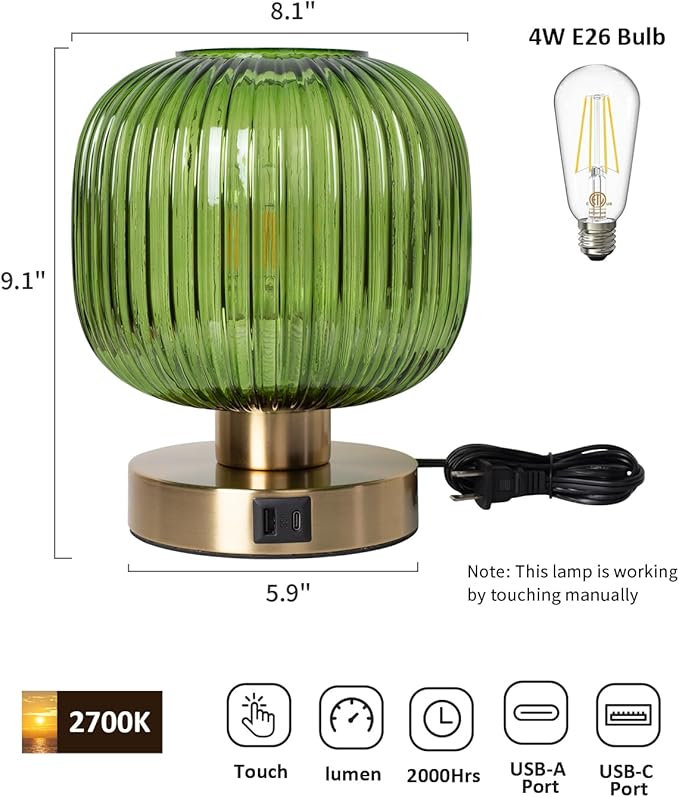 Big Touch Table Lamp, Elegant Green Glass Bedside Lamp 3 Way Dimmable - Image 6