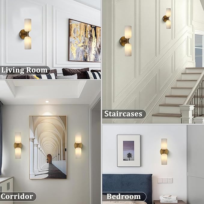 Alabaster Wall Sconce Set of 2, 14in Modern Brass Spanish Natural Marble - Image 9