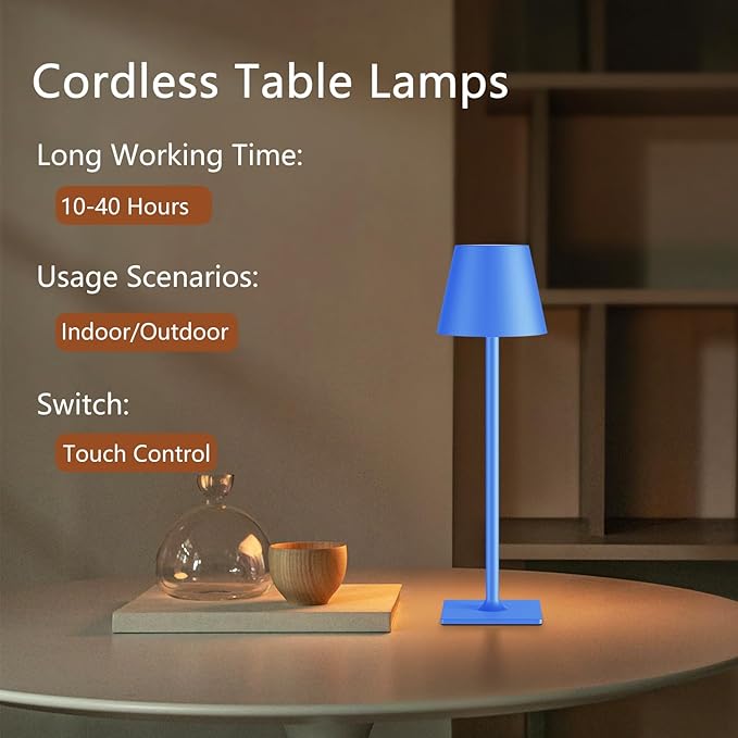 Blue Cordless Table Lamp Set of 2, Indoor/Outdoor Table Lamp - Image 3