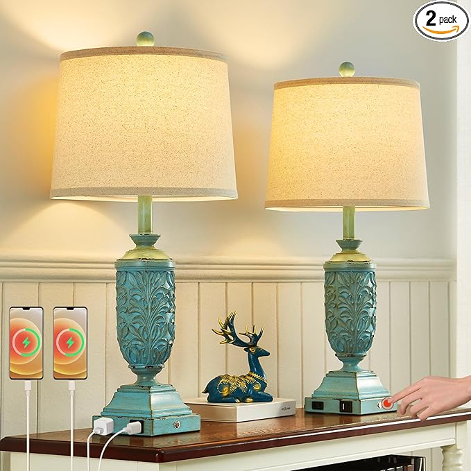 26.5" Farmhouse Table Lamp Set of 2, 3-Way Dimmable Touch Control Bedside Lamps by SAIWEYA