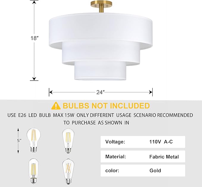 Doraimi Lighting 3 Tier White Linen Drum Fabric Semi Flush Mount Light Modern - Image 2