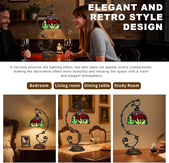Stained Glass Lamp, Vintage Table Lamp, Living Room, Study（Tulip） - Image 6