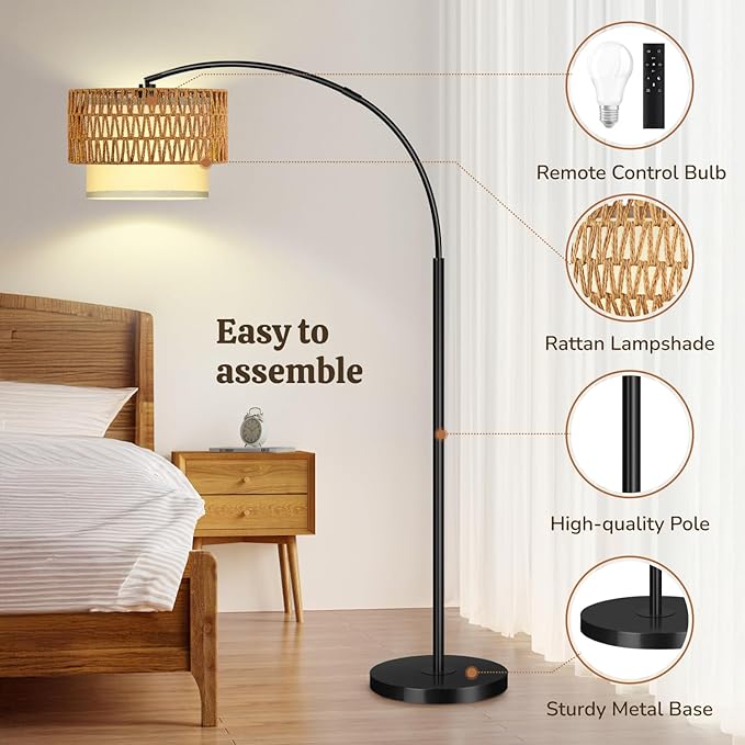 Arc Floor Lamp for Living Room, Rattan Boho Floor Lamp - Image 4