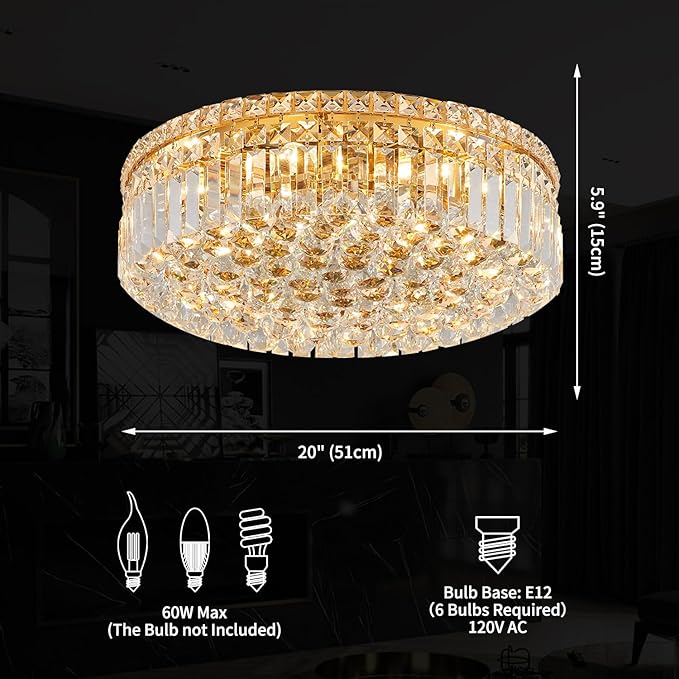 6-Lights Gold Crystal Flush Mount Chandelier Light Fixture K9 Crystals Modern - Image 3