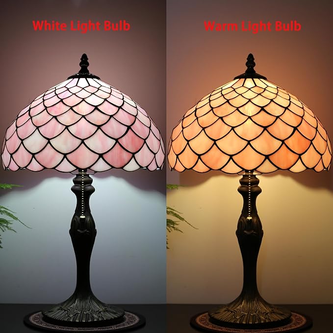 Tiffany Lamp Stained Glass Table Lamp 12” x 19” Pink Fish Scales Style - Image 7