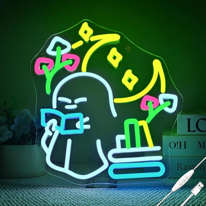 Little Ghost is Reading Books Neon Sign, Whimsical Study Vibes Neon Light by Wanxing