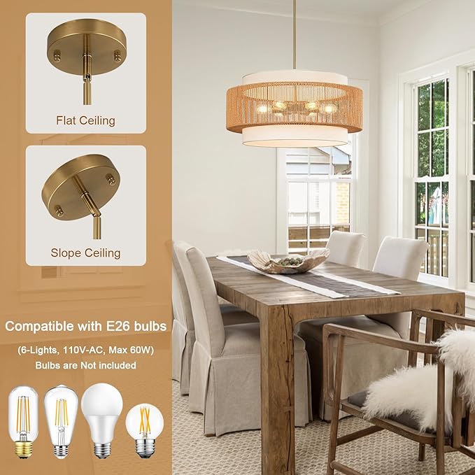 25.6" Rattan Chandelier, 6-Light Large Rattan Pendant Light - Image 4