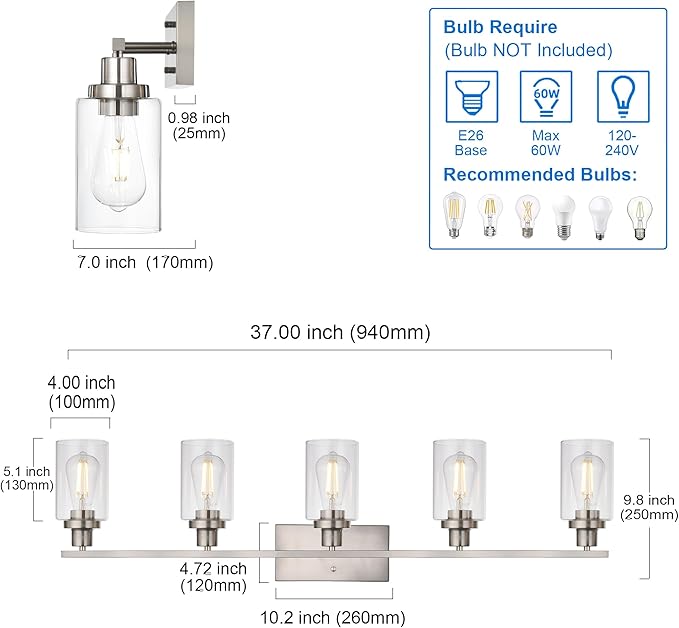 MELUCEE 5-Light Bathroom Vanity Light Brushed Nickel Wall Sconce Modern Light - Image 7