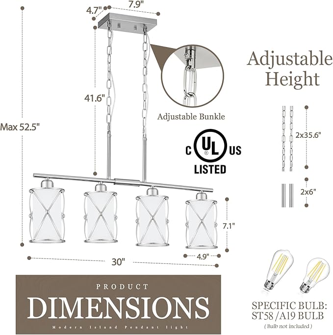 4-Light Kitchen Island Lighting, Linear Brushed Nickel Dining Room Light - Image 3