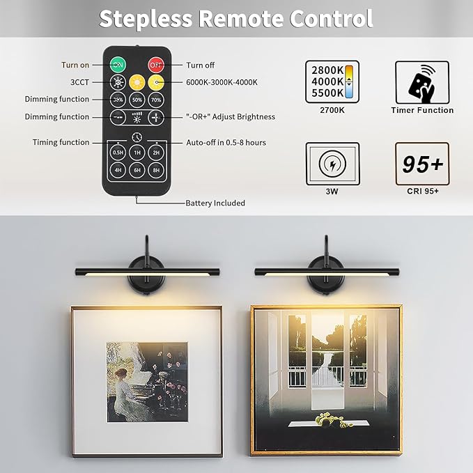 JOOSENLUX Modern Wall Lights Battery Operated Black Wireless Picture Lights - Image 5