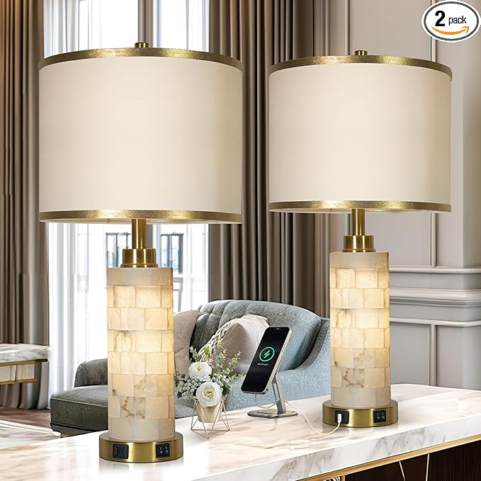27" Natural Alabaster Table Lamps Set of 2, Lamps by ProductDetails