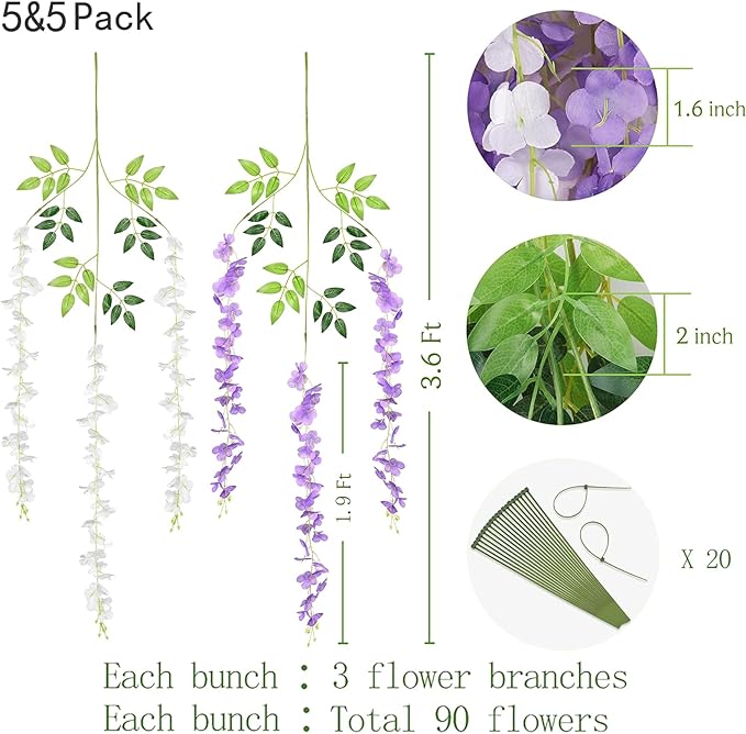 BLEUM CADE 10Pcs White & Purple Fake Wisteria Hanging Flowers, 3.6Ft/Pcs - Image 2