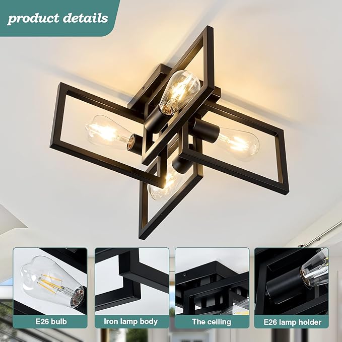 ZGLAOJT 4-Light Flush Mount Ceiling Light Black Industrial Kitchen Light - Image 4