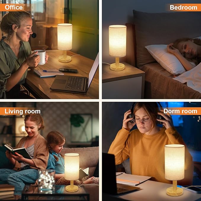 Small Touch Table Lamp with Stepless Dimming&USB Plug, Natural Round Wood - Image 7