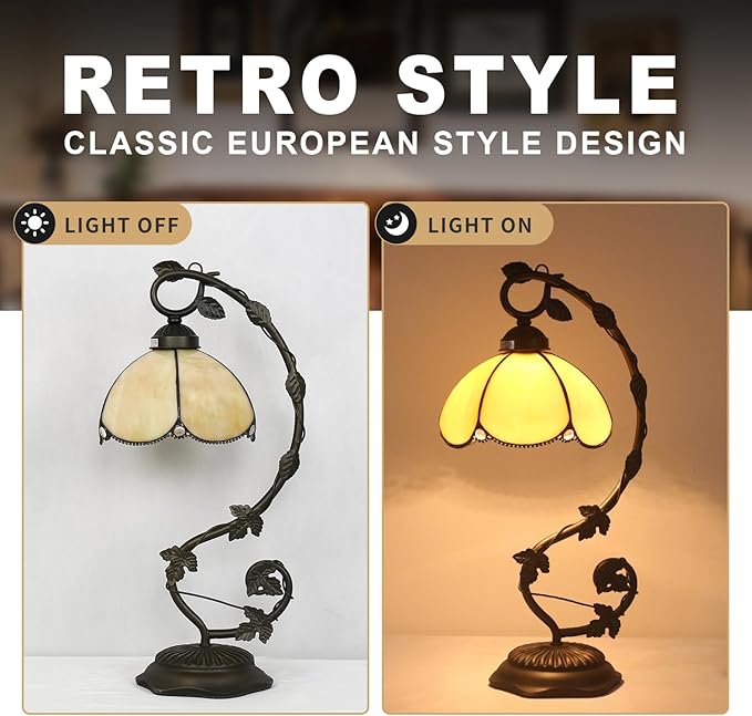 Golden Glass Table Lamp, Vintage Table Lamp, Bronze Metal Leaf Base Lamp - Image 3