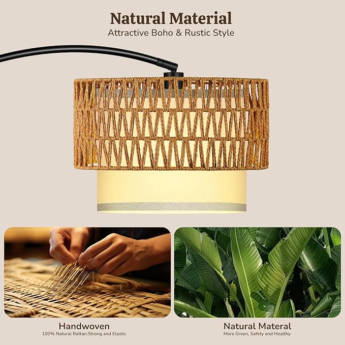 Arc Floor Lamp for Living Room, Rattan Boho Floor Lamp - Image 2