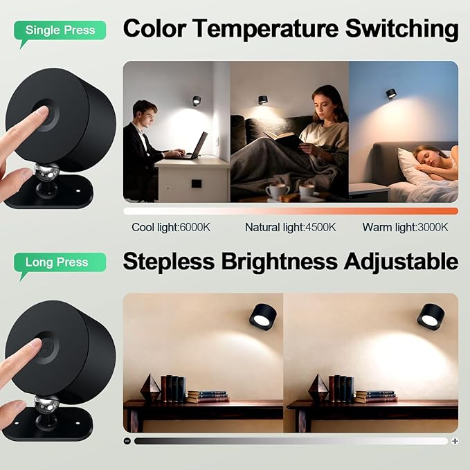 Aomees Wall Lights Battery Operated Wall Sconce, 3 Color Temperatures & 3 - Image 6