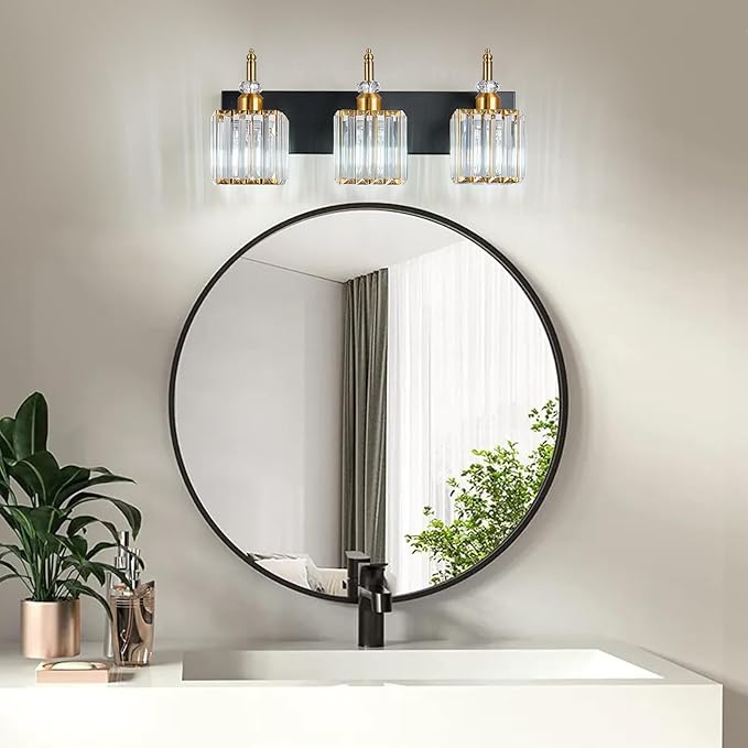 Modern Bathroom Vanity Light 3-Light Black and Gold Crystal Light Fixtures Over - Image 3