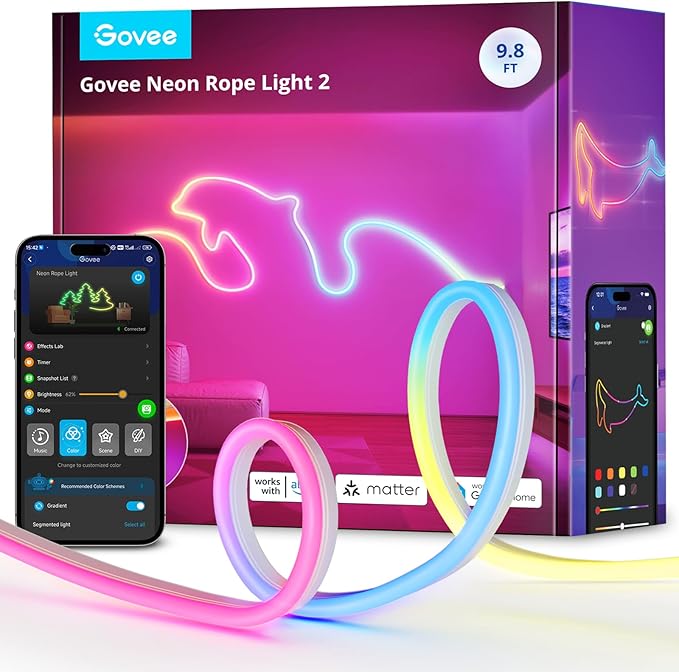 Govee RGBIC Neon Lights, LED Smart Neon Rope Light 2 Works by Govee
