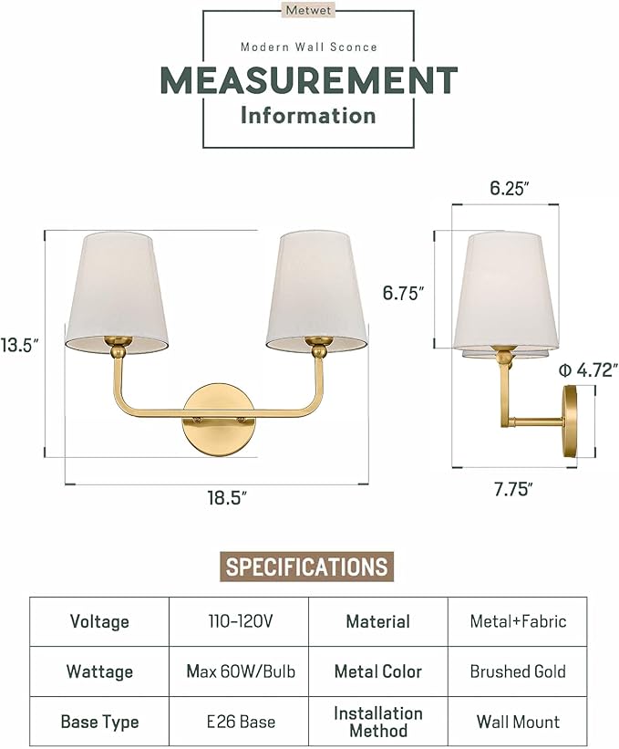2 Light Bathroom Vanity Light, Brushed Gold Double Wall Sconce - Image 2