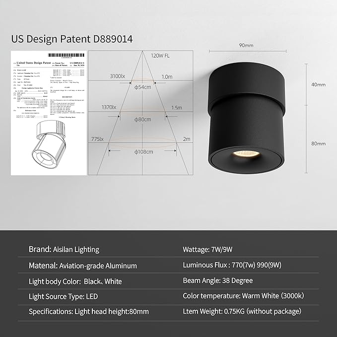 Aisilanled LED Spotlight Indoor, 9W Dimmable Ceiling Spot Lights Mounted Light - Image 5