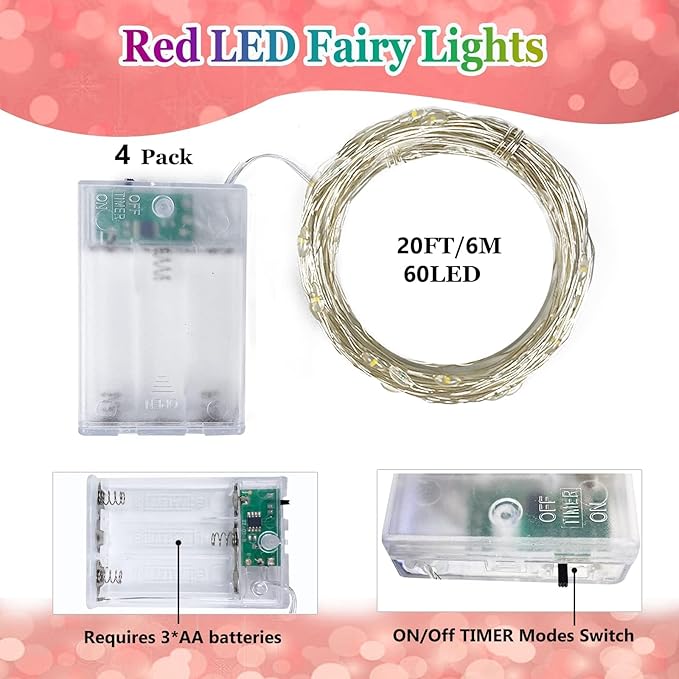 4 Pack Red and Green Christmas String Lights, Each 20FT 60 LED Fairy Lights - Image 5