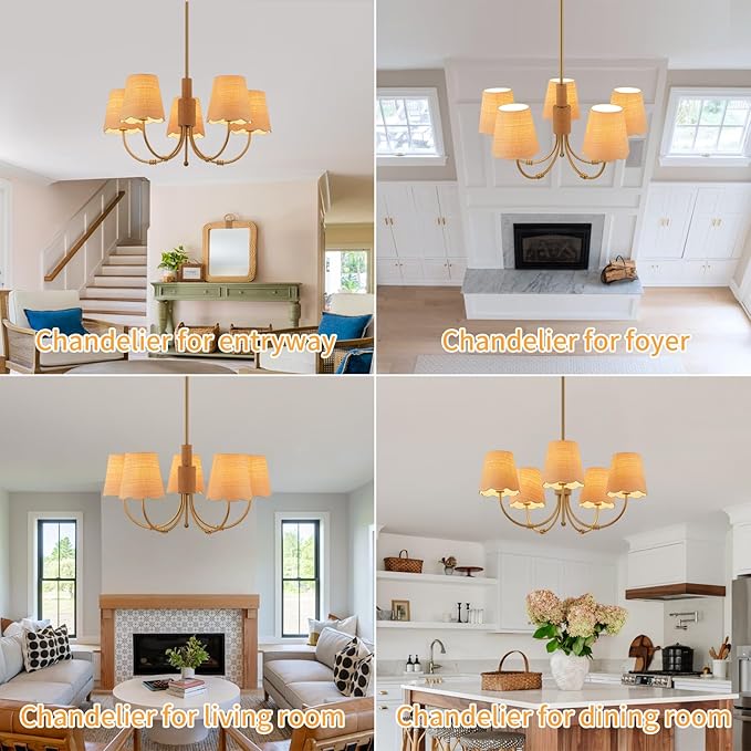 Boho Rattan Chandelier with Fabric Shade, Antique Gold Brass Farmhouse - Image 6