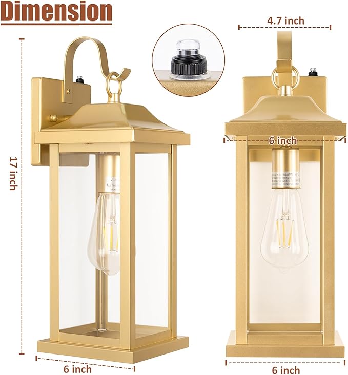 Large Gold Outdoor Sconces Dusk to Dawn 2-Pack, 17 Inch Large Porch Light - Image 6