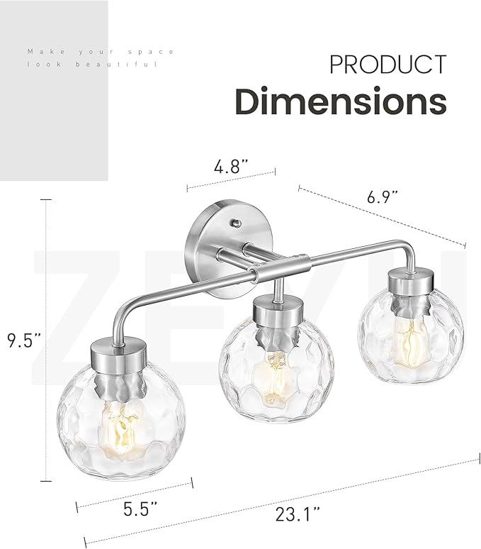 zeyu Brushed Nickel Bathroom Light Fixtures, 23 Inch 3-Light Modern Vanity - Image 2