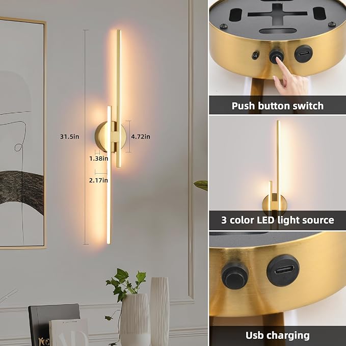 Battery Operated Wall Sconce Set of 2, Wireless Wall Light USB Rechargeable - Image 6