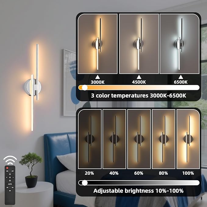 Rechargeable Battery Operated Wall Sconce Set Of Two, Chrome Wireless LED Wall - Image 4