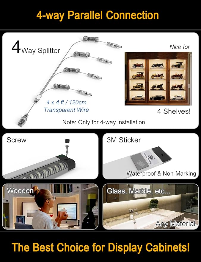EBD LED Under Shelf Lights, 4-Way Splitter Light Bar, 12-Panel Cabinet Lighting - Image 2