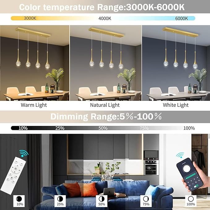 4-Lights Modern Pendant Lights for Kitchen Island LED Dimmable Crystal Glam - Image 3