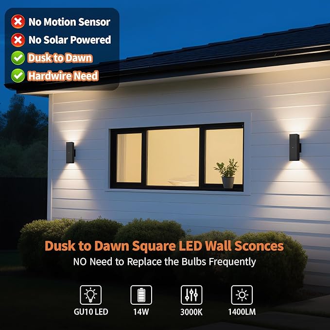 Dusk to Dawn Outdoor Lighting, LED Square Up and Down Outdoor Sconce Lights - Image 3
